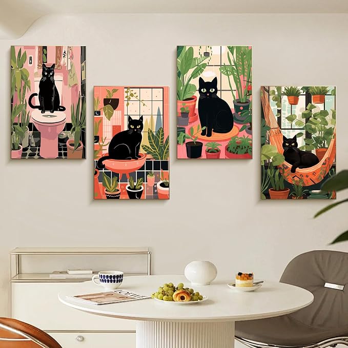 4 Pack Framed Paint by Numbers Kit for Adults Black Cat with Wooden Easel | With Frame Canvas 8x12 IN, For Adults Beginner, DIY Acrylic Painting Cat, Stress Relief Craft Kits, Home Wall Decor Gift