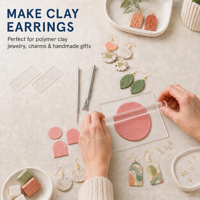 12 Pcs Polymer Clay Tools Kit, Acrylic Roller Rolling Pin Cutters | Air Dry Clay Sculpting Supplies Set, Small Clear Craft Roller, Tissue Blades Knife Slicer, Sheet Press Board, Texture Needle