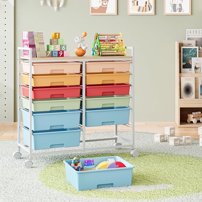 TOOLF 12 Drawers Rolling Storage Cart with Wooden Top for Classroom,Rainbow | Teacher Cart Craft Art Supply Organizer, Utility Cart with Lockable Wheels for Home Household Essentials, Office Organization