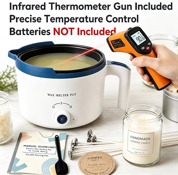 KQU Electric Wax Melting Pot with Non-Touch Thermometer(Without Battery) | 1.5Qt Wax Melter Pot for Candle Making Includes Infrared Thermometer,100 Cotton Wicks,Wick Set and Manual Instruction
