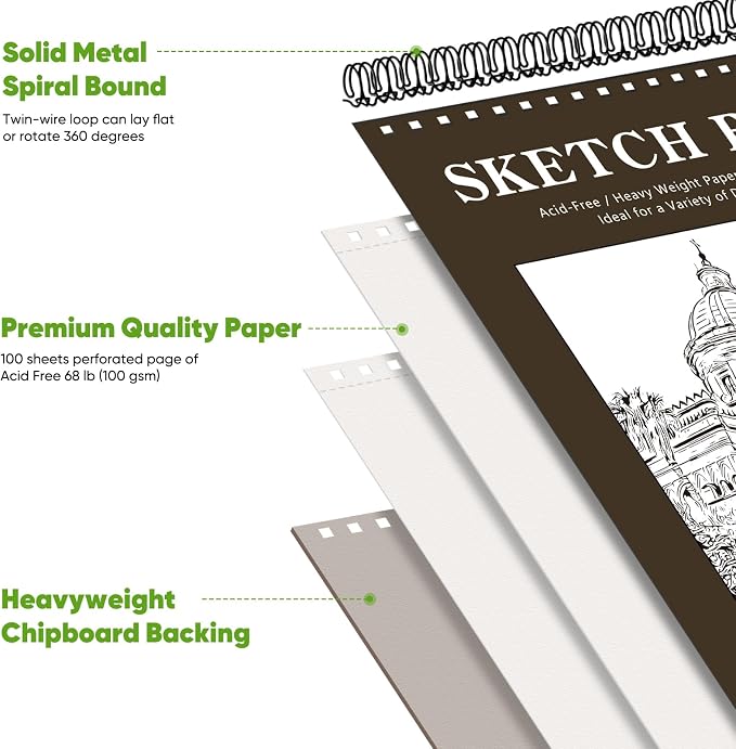 Soucolor 11"x14" Large Sketchbook,100 Sheets Thick Acid Free Sketch Pad | Spiral Bound Drawing Paper for Artists Students, Professional Art Supplies for Storyboard Urban Sketching Plein Air Painting