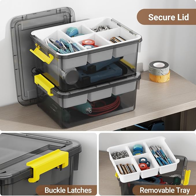80Qt Stackable Storage Bins with Lids Trays Craft Box Organizers, 4Pack,GY