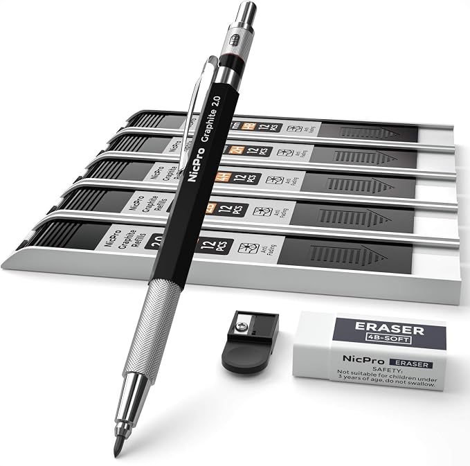 Nicpro 2mm Metal Mechanical Pencil Set with Case, 1PCS
