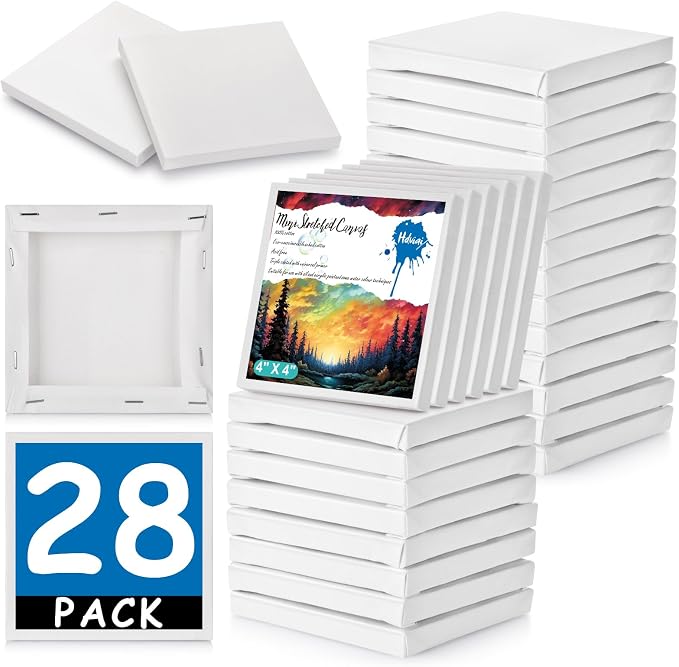 28PCS Mini Canvases for Painting – 4 x 4 in Bulk Small Square Stretched Canvases, 0.5 in Thick Blank Canvas for Students, Art Supplies, School & Home Crafts