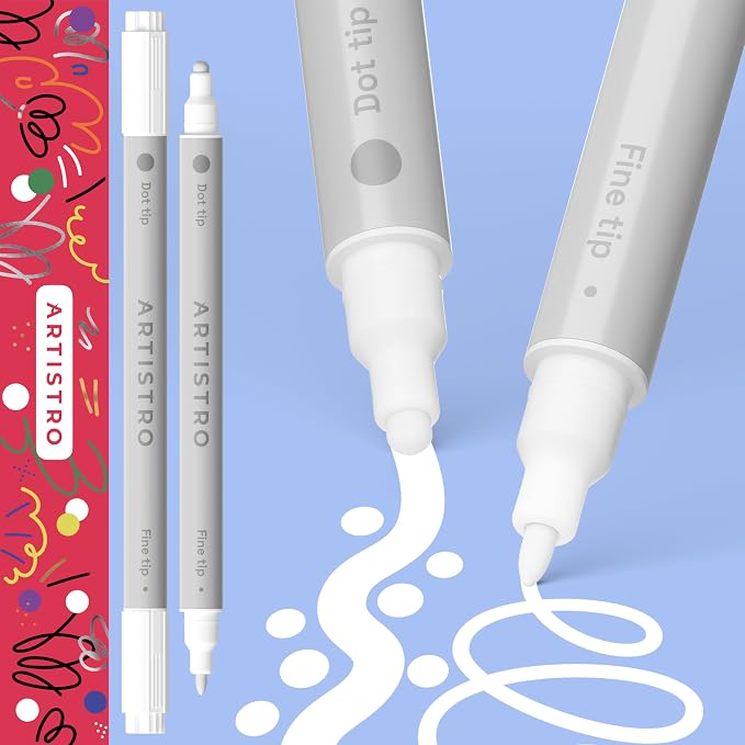 ARTISTRO White Dual-Tip Acrylic Paint Pens - Set of 2 | 5mm Dot + 1mm Fine Tips, Multisurface Markers, Perfect for Glass, Rock, Fabric, Wood, Plastic, & More