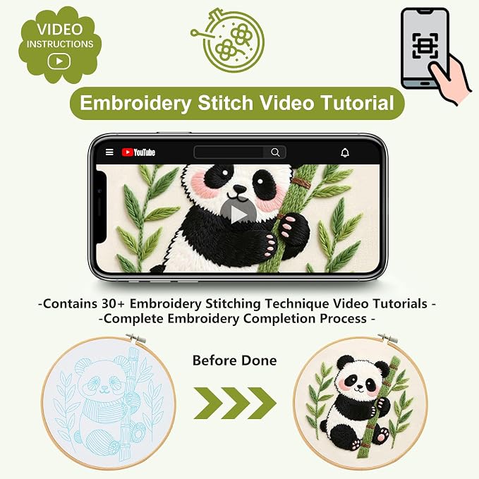 Santune Beginners Embroidery Kit for Adult Needlepoint Cross Stitch Kits Needle Point Sets with Panda Embroidery Patterns, Includes Step-By-Step Instructions and Accessories