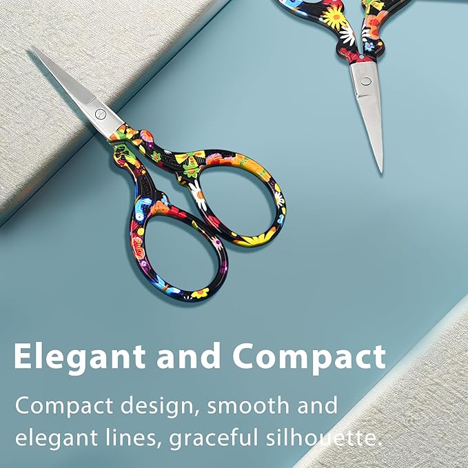 Sharp Embroidery and Crafting Scissors with Leather Cover, 3.62 inch Stainless Steel Scissors for Needlework and DIY Crafts, Black Flower, J5064