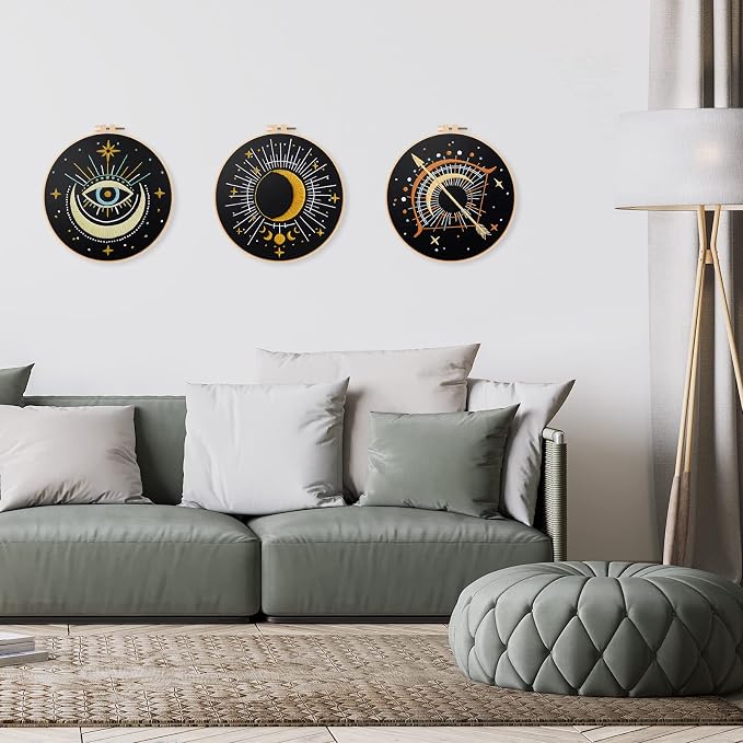Louise Maelys 3 Pack Celestial Tarot Embroidery Kit Moon Evil Eye | Create Mystic Decor with Cross Stitch Kits. Complete Needlepoint Kit for Beginners Featuring Celestial and Tarot Patterns