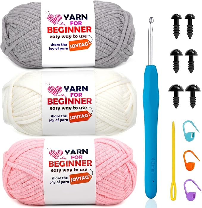 Cotton-Nylon Blend Crochet Yarn Kit for Beginners - 3x50g Pink, White, Grey with Easy-to-See Stitches