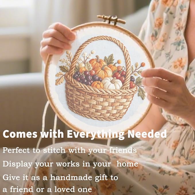 FONNUY Fall Embroidery Kit, Handmade Autumn Wreath Pre-Stamped Pattern for Beginners, Thanksgiving Harvest Home Decor, 8'' Hoop (Basket)