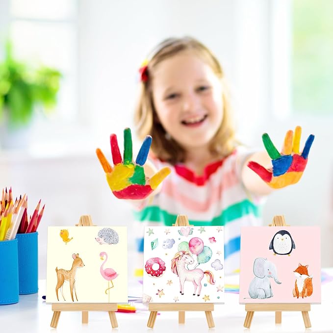 128 Pcs /64 Pack 4 x 4 Inch Mini Canvas and Easel Set Bulk for Paint Party