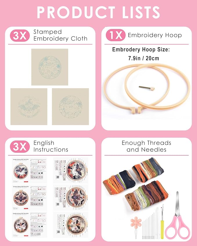 TINDTOP Halloween Embroidery Kit for Adult, 3 Pack Embroidery DIY Starter Kit, with Stamped Patterns, Hoop, Tools, Colorful Threads with Needles, Instructions