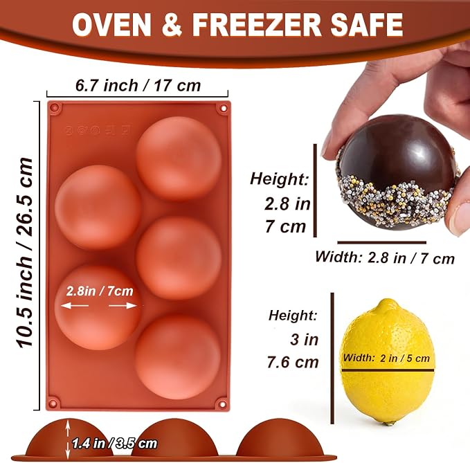 Lerykin 3 Pack Extra Large 5-Cavity Semi Sphere Silicone Molds, Half Sphere Baking Mold Non-Stick for Making Big Size Hot Chocolate Bomb, Jelly, Cake, Dome Mousse