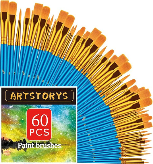 Artstorys 60Pcs Paint Brush Set for Acrylic, Oil & Watercolor, Blue | Bulk Artist Paintbrushes (Nylon Hair Wooden Handles) for Adult Drawing, Great for Face, Rock & Canvas, Arts Craft Supplies