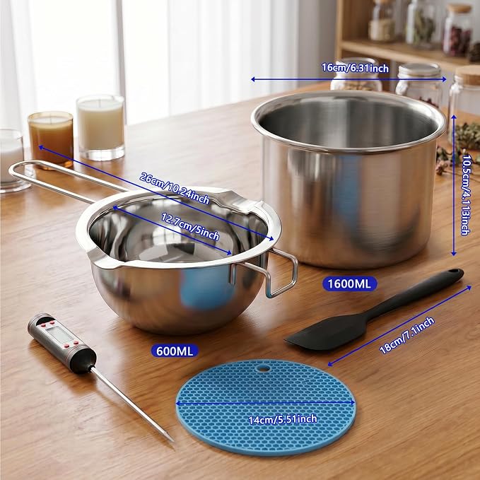 Double Boiler Pot for Melting Wax, Stainless Steel Candle Making Kit with Silicone Spatula, Thermometer & heat-resistant mat for Soap Chocolate DIY Crafts(1400ml+600ml)