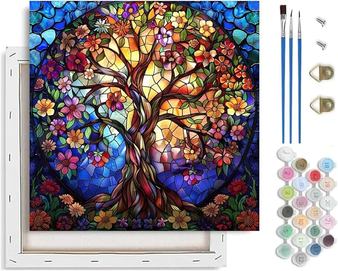 VIGEGU Tree of Life Paint by Numbers Kit for Adults Beginner with Framed | Easy Adult Paint by Number Kits on Canvas DIY Painting for Beginners Art by Numbers for Home Wall Decor 10x10 Inch