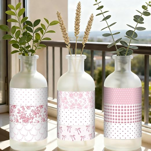 12 Rolls Floral Washi Tape Set,Pink,Bows and Polka Dots | Watercolor Flowers Design for Scrapbook Journal DIY Craft School Supplies, 15 mm Vintage Decorative Masking Washi Tapes