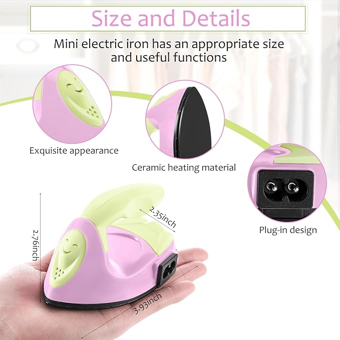 Honoson Mini Craft Iron Mini Heat Press Small Iron 3.93 x 2.36 x 2.76 Portable Tiny Flatiron with Charging Base Accessory for Fuse Bead Patch DIY Heat Transfer Vinyl (Light Yellow, Light Pink)