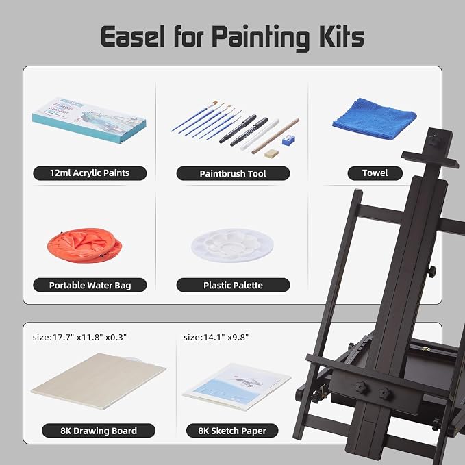 Beech Wood H-Frame Easel for Painting with Tray & Drawer, Walnut