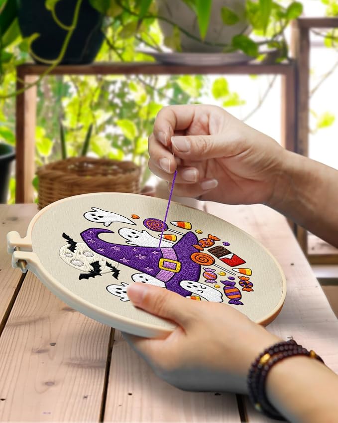 TINDTOP Halloween Embroidery Kit for Adult, Embroidery DIY Starter Kit, with Stamped Patterns, Hoop, Tools, Colorful Threads with Needles, Instructions (Halloween C)