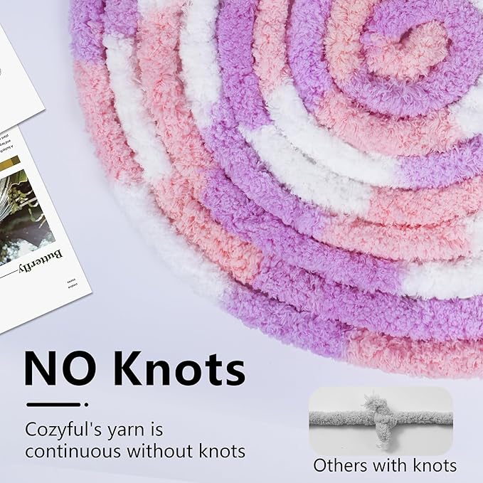 Cozyful Chunky Yarn for Hand Knitting - #10 Chunky Chenille Blanket Yarn, Jumbo Big Thick Chunky Yarns for Crocheting, Tie Dye Bulky Knit Yarns, 8 Skein (20 yds 8 oz Each Skein), Purple&Pink&White