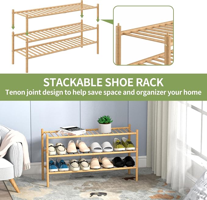 ROMGUAR CRAFT 3-Tier Bamboo Long Shoe Rack, Free Standing Wood Shoe Shelf Storage Organizer for Closet Entryway Stackable 35"x11"x20" (Natural)