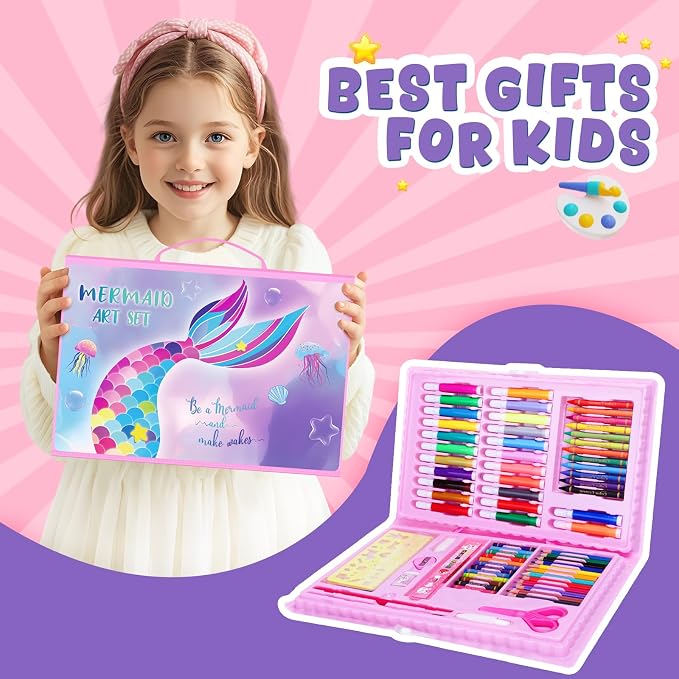 homicozy Art Supplies, Mermaid Drawing & Coloring Set with Crayons, Colored Pencils, Markers, Sketchbook, Watercolor Cakes, Stencils, Arts and Crafts Painting Kit for Kids Ages 4-10, Girls Boys Gift