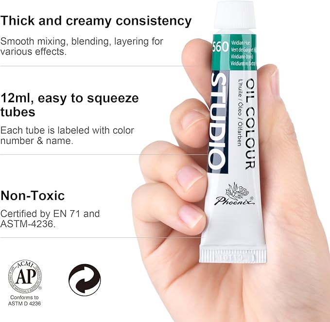 PHOENIX Oil Paint Set - 12x12ml/0.4 Fl Oz Tubes, Non-toxic Oil Based Paints for Canvas Craft Painting, Oil Painting Supplies for Artists, Adults & Beginners