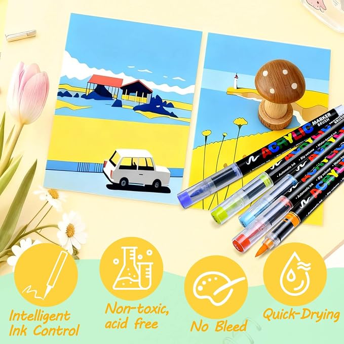 36 Colors Acrylic Paint Markers Brush Tip, Colored Paint Pens Set with Direct-Liquid Ink Control System, Water-Based Coloring Markers for Pumpkin Decorating Kit, Rock, Fabric, Wood, Wood, Art Supplies