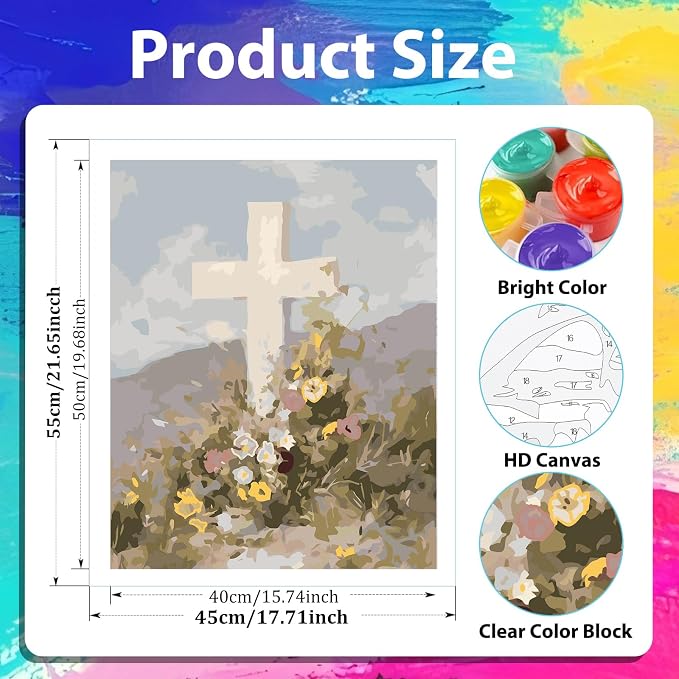 xcemhil Cross Paint by Numbers Kit for Adults Beginner, Cross Paint by Numbers for Adult, Acrylic Paint by Number Kits Suitable for Home Wall Art Decor Gifts 16x20 Inch
