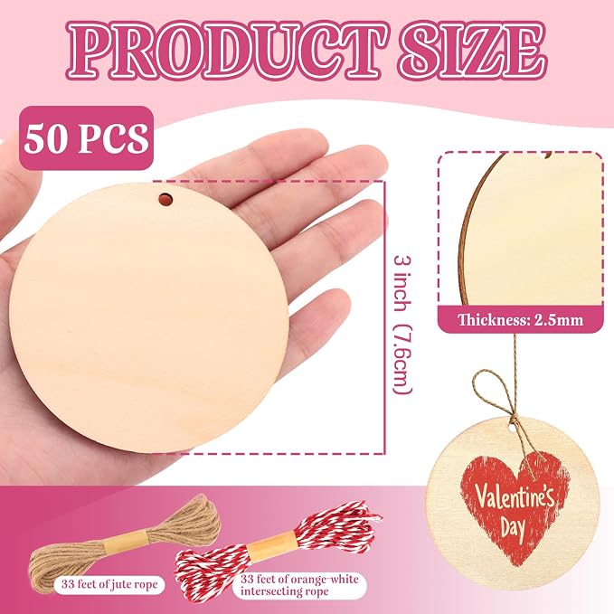 FSWCCK 50 PCS 3 Inch Wood Circles for Crafts – Round Blank Discs with Holes, Unfinished Wooden Cutouts for DIY, Painting, Staining, Coasters,Laser Engraving Sign Blanks, Ornament (3inch-50 Pack)