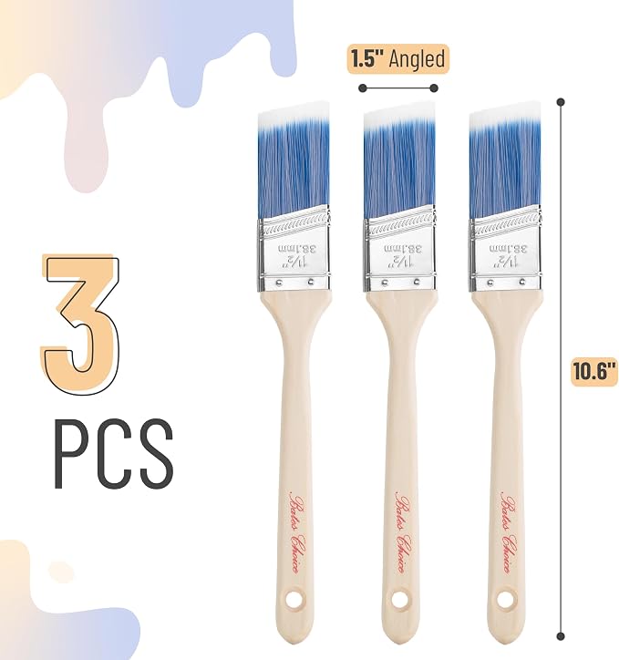 Bates- Angle Paint Brushes for Walls and Trim, 1.5", 3 pcs, Treated Wood Handles, 1.5 Inch Paint Brush