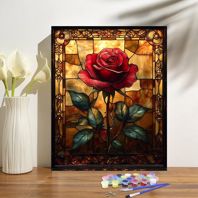 obterie Rose Paint by Numbers Kit for Adults Beginner Flowers Oil Painting Kit Adult Paint by Number Kits on Canvas DIY Painting for Beginners Art by Numbers for Gifts Home Wall Decor 16x20 Inch