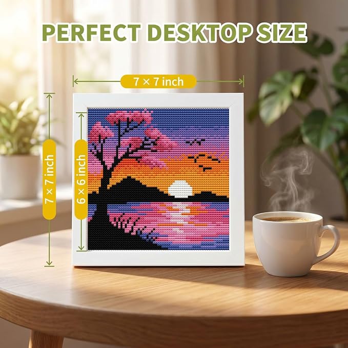 Sunset Landscape Stamped Cross Stitch Kits for Beginners Adults with Framed | Cherry Blossom Needlepoint Counted Cross Stitch Kits for Beginners Adults Embroidery Kits Arts and Crafts 6 x 6 inch