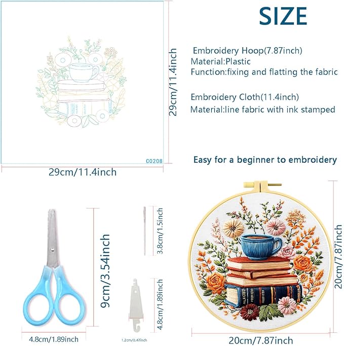 Zhenqing Book Lover Embroidery Kit for Beginners, Books Blooms & Tea Needlework Craft with Pre-Printed Cotton Fabric, Hoop, Threads & Tools, Reading Nook Decor (C0208)