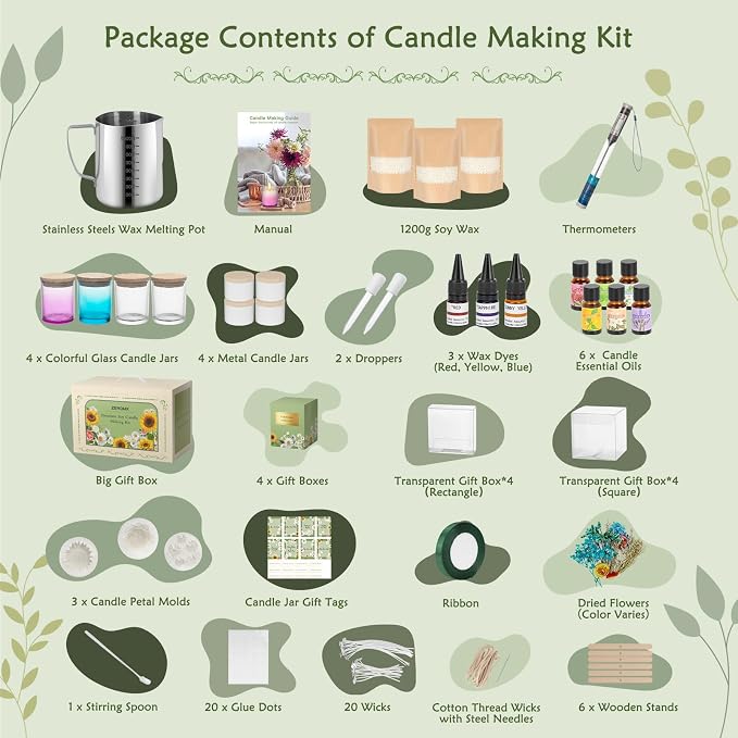 ZEROMX Candle Making Kit for Adults Beginners Full Set DIY Candle Supplies | Includes 8 candle jars, color dyes, floral molds & gift packaging. Ideal for home decor & creative DIY craft gifts.