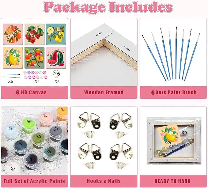 SYDYLH 6 Pack Framed Paint by Numbers Kit for Kids,Easy Acrylic Paint by Numbers Kits on Canvas,Fruit Oil Painting Paint by Number for Adults Beginners for Home Wall Decor (8x8inch)