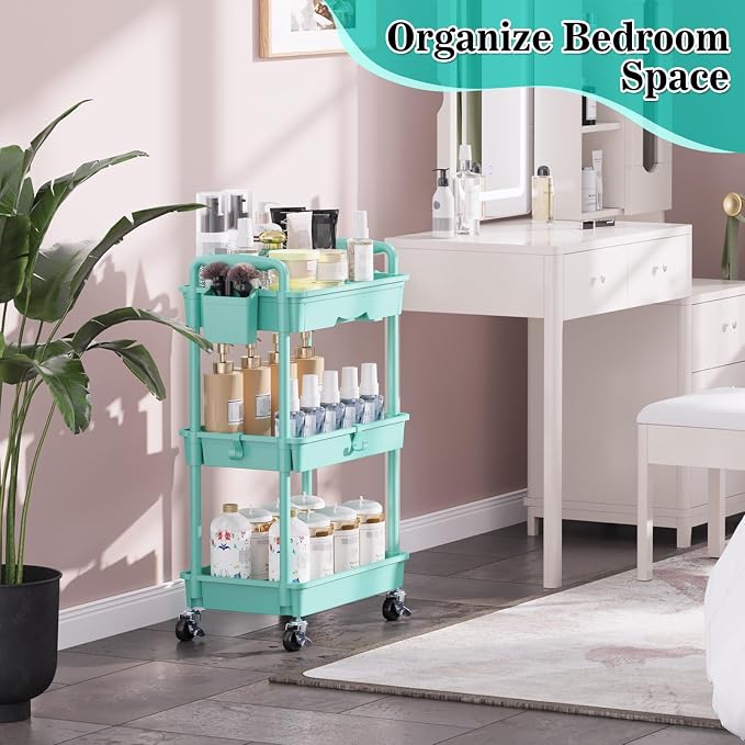 SUNALLY 3 Tier Rolling Cart with Drawer, Craft Storage Cart Organizer, Blue
