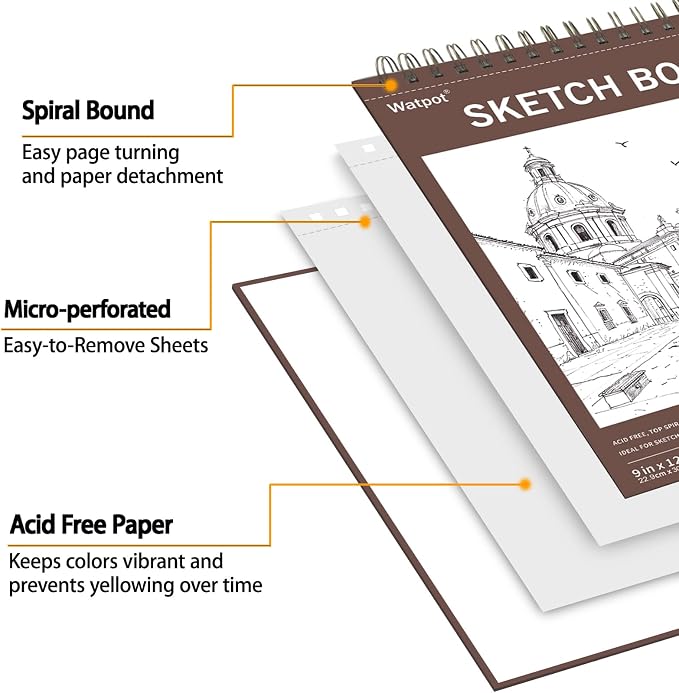 9" x 12" Hard Cover Sketch Book, Top Spiral Bound Sketch Pad, 100 Sheets 68lb/100gsm Drawing Paper, 1 Pack