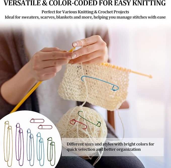12pcs Knitting Stitch Holders Set, Aluminum Yarn Stitch Holder Needles, Colorful Safety Pin Style Cable Stitch Holders for Knitting, Crochet, Sweaters, Socks, Yarn Sewing DIY Craft Tools