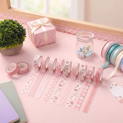 12 Rolls Floral Washi Tape Set,Pink,Sweet | Watercolor Flowers Design for Scrapbook Journal DIY Craft School Supplies, 15 mm Vintage Decorative Masking Washi Tapes