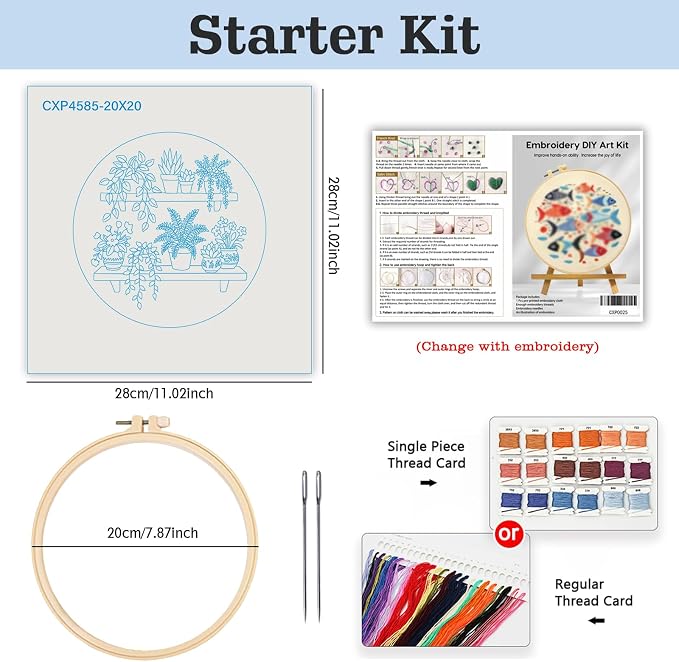 Full Range Embroidery Kit for Adult, Green Plant Pattern Embroidery Kit for Beginners Include Embroidery Cloth Hoops Threads for Craft Lover Hand Stitch with Embroidery Skill Techniques (Book Flowers)
