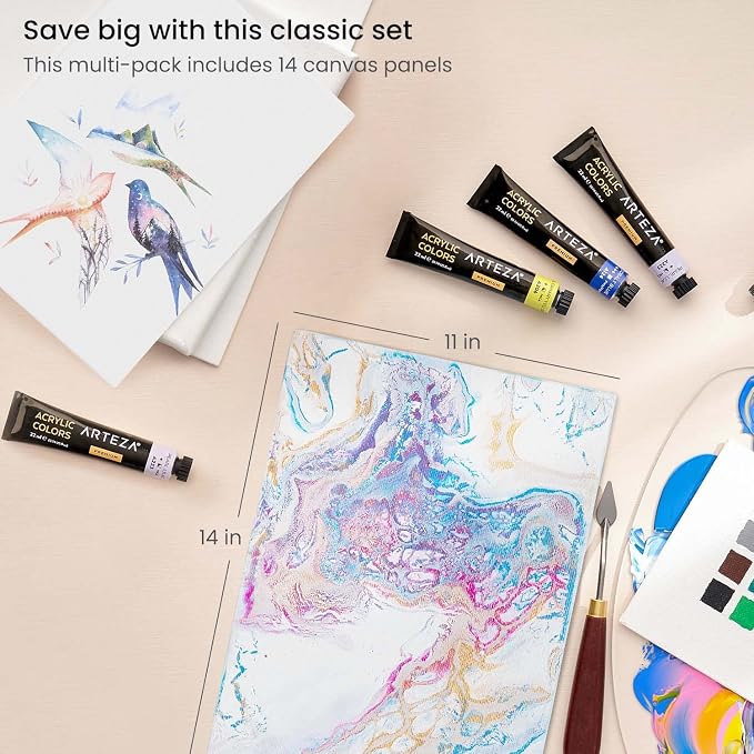 ARTEZA Canvas Panels, 11 x 14 in, Pack of 14, 100% Cotton Pre-Primed Canvas Boards for Acrylic, Oil, Gouache, Tempera, Pouring Paint, Crafts, and Wall Art