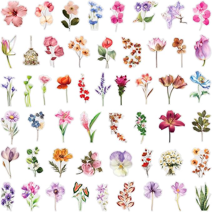 Transparent Flower Stickers 50Pcs for Scrapbooking PET Nature Plant Sticker Floral Stickers Colorful Vintage Craft Sticker for Journaling Scrapbooking Clear Flowers Decals(Colourful-F7)