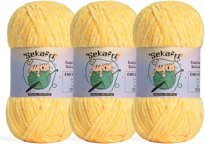 3 Pack of 300g (590yds) Fuzzy Chenille Yarn for Crocheting,Fluffy Amigurumi Crochet Yarn for DIY Craft/Hat/Clothes, Soft Velvet Baby Blanket Yarns（3 Light Yellow）