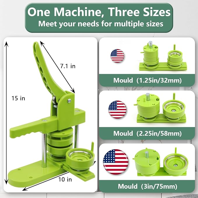 Happizza Button Maker Machine Multiple Sizes, Pin Maker Machine 1.25+2.25+3 inch, Interchangeable Button-Models Badge Button Press Machine with 300 Sets 32+58+75mm Button Maker Supplies&Circle Cutter
