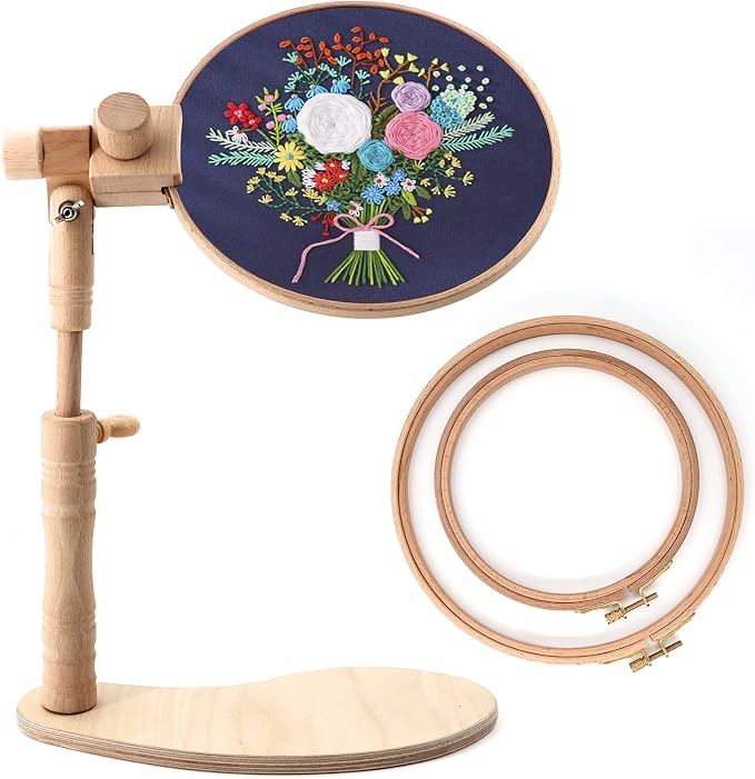 ZOCONE Beech Wood Embroidery Hoop Stand with 2 Pcs 6'' 8'' Embroidery Hoops | Natural Wooden Adjustable Rotated Embroidery Stand, Embroidery Hoop Holder for Cross Stitch and Embroidery Project