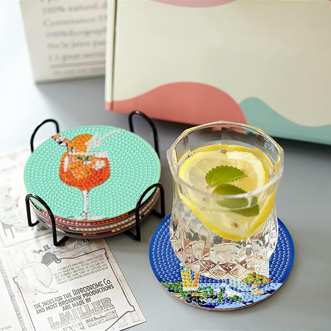 askkqtx 8 Pcs Cocktail Diamond Art Coasters Kits with Holder 4X4 Inch
