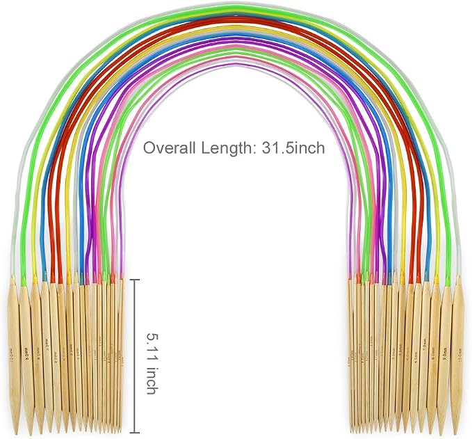 18 Pairs Bamboo Knitting Needles Set, Vancens Circular Wooden Knitting Needles with Colorful Plastic Tube, Small Tools for Weave are Included, 18 Sizes: 2mm - 10mm, 31.5" Length