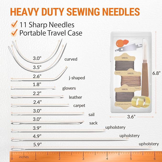 Upholstery Repair Kit: Waxed Sewing Thread (3 Rolls - Brown Color Range) & Heavy Duty Needles (11 PCS) for Leather, Canvas & Quilting Thread